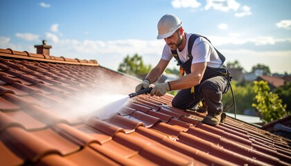 Professional Roof Cleaning Service Contractor Cleaning Tiles.