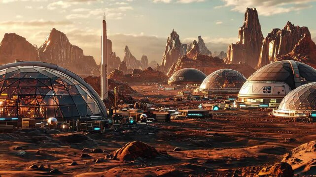Futuristic Mars colony with advanced domes and structures under a vibrant sky at sunset, Mars colony with futuristic domes and structures on rocky terrain Space exploration concept