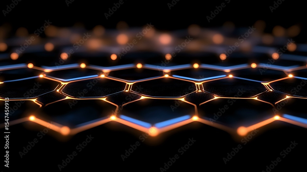 Poster glowing hexagonal grid pattern with orange and blue light effects on dark background creates futuris