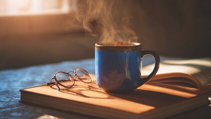 Steaming Blue Mug on Book with Glasses in Warm Light
