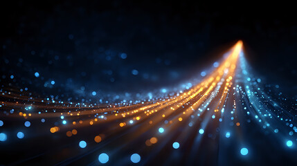 Glowing optical fiber strands emitting orange and blue light streams against dark background, creating dynamic motion effect with bokeh particles.