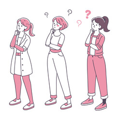 Three Young Women Thinking with Question Marks Above Their Heads in a Cartoon Style