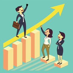 Fototapeta premium Cartoon Businesswomen on Rising Bar Graph with Arrow Success and Growth Concept