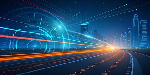 Obraz premium Futuristic digital illustration featuring blue, orange neon high-speed technology concept. Dynamic motion graphics, abstract background of cyberspace connectivity. Modern tech interface, italy