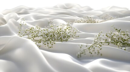 Delicate White Flowers on Smooth Silk Fabric, white silk, satin, texture, background, gypsophila