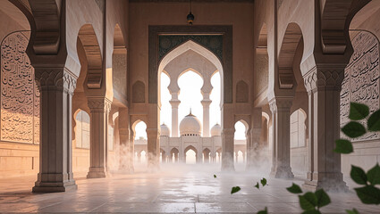 Beautiful architectural design of an islamic mosque interior with elegant arches and columns