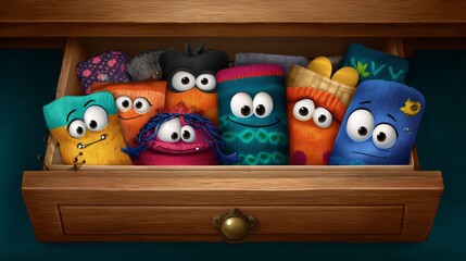 A drawer full of colorful socks with cartoon faces on them