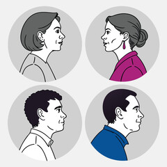 Diverse group of people in profile view vector illustration with simple line art and color accents