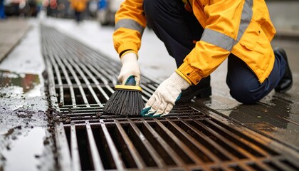 Worker Cleaning City Street Drain with Brush.