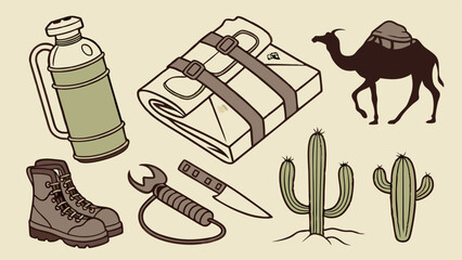 Desert adventure survival gear illustration with camel, cactus, canteen, boots, knife, and blanket. Cartoon vector art for travel and exploration.