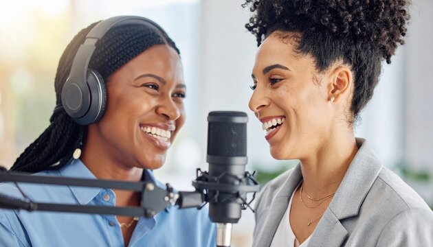 Happy Women Podcast Hosts Recording a Show Together.