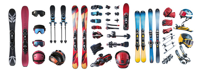 Colorful Ski Equipment and Accessories on a White Background, Isolated on Transparent, white background