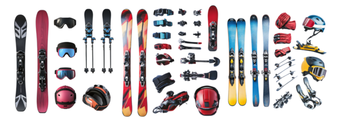 Colorful Ski Equipment and Accessories on a White Background, Isolated on Transparent, white background