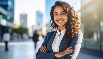 Obraz premium Confident Businesswoman Smiling Outdoors in City.