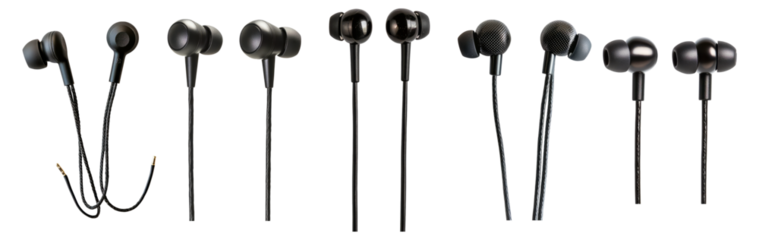 Various Black Earphones Displayed on White Background, Isolated on Transparent, white background
