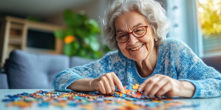 Senior lady playing puzzles in a retirement home. Elderly woman assembling jigsaw puzzle pieces in a nursing home. Housing facility intended for the elderly people.