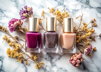 Three Nail Polish Bottles with Dried Flowers on Marble