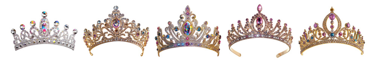 Elegant Collection of Vintage Silver Crowns with Colorful Jewels, Isolated on Transparent, white background