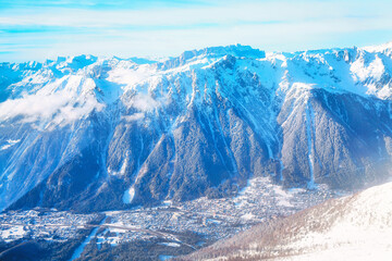 Mountain scape and Chamonix town view, France