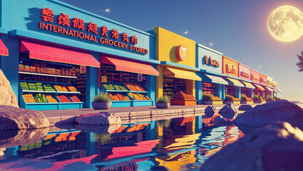 Colorful international grocery store with vibrant displays and a tranquil water reflection