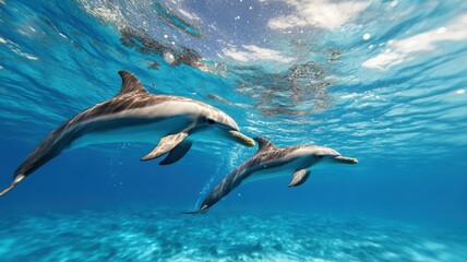 A group of dolphins interacting joyfully in a clear blue sea.