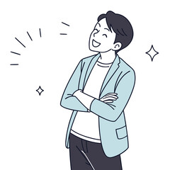 Confident and Optimistic Young Man with Arms Crossed Smiling and Looking Upward with Sparkles