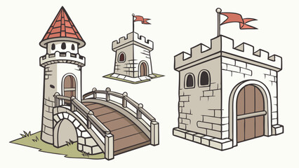 Cartoon medieval castle elements set featuring stone towers, a gatehouse, and an arched bridge. Fantasy fortress architecture vector illustration art.