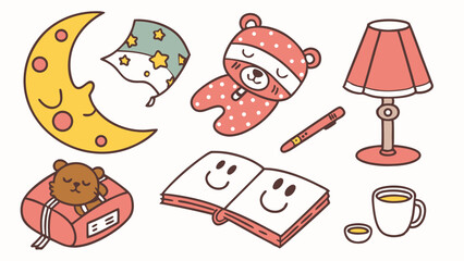 Adorable kawaii bedtime collection illustration with sleeping moon, cute bears, cozy lamp, open book, and warm tea for sweet dreams.