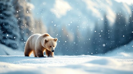 Serene scene of a bear navigating through a snowy landscape, with snowflakes gently settling on its thick fur and peaceful surroundings.