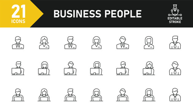 Business People line icon set. Set of 21 outline icons related to business people, avatar, men and women, male and female avatars, and others. Editable stroke. Vector illustration.