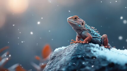Vibrant lizard perched on a rock, with the Northern Lights casting a colorful display that accentuates its scales in a surreal, wintry landscape.