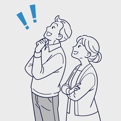 Excited couple looking up with exclamation marks in a simple line art style