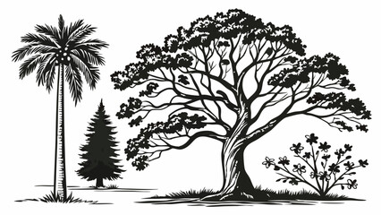 Fototapeta premium Highly detailed black and white hand drawn tree collection featuring a tall palm, a conifer, a large deciduous tree, and a flowering bush, nature botanical sketch art.