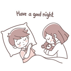 Cartoon Illustration of Children at Bedtime with Teddy Bear and Message