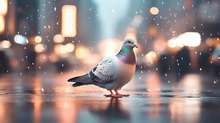 Pigeon exploring a city street bathed in neon lights, with its feathers creating a striking contrast against the vibrant, artificial glow.