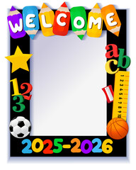 First day of school selfie photo frame, creative Back to school booth design. Welcome to 2025-2026 academic year, photo booth template. Vector illustration with school supplies
