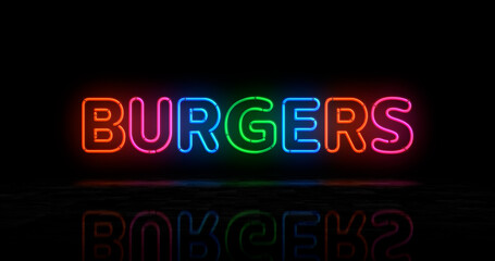 Burgers bar neon light 3d illustration