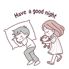 Cute Children Saying Good Night with a Boy Sleeping and a Girl Walking