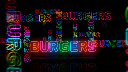 Burgers bar neon light 3d illustration