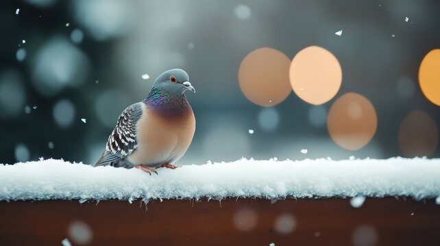 Unusual pigeon perched on a snowy ledge, with snowflakes gently falling on its feathers and the winter environment providing a unique contrast.