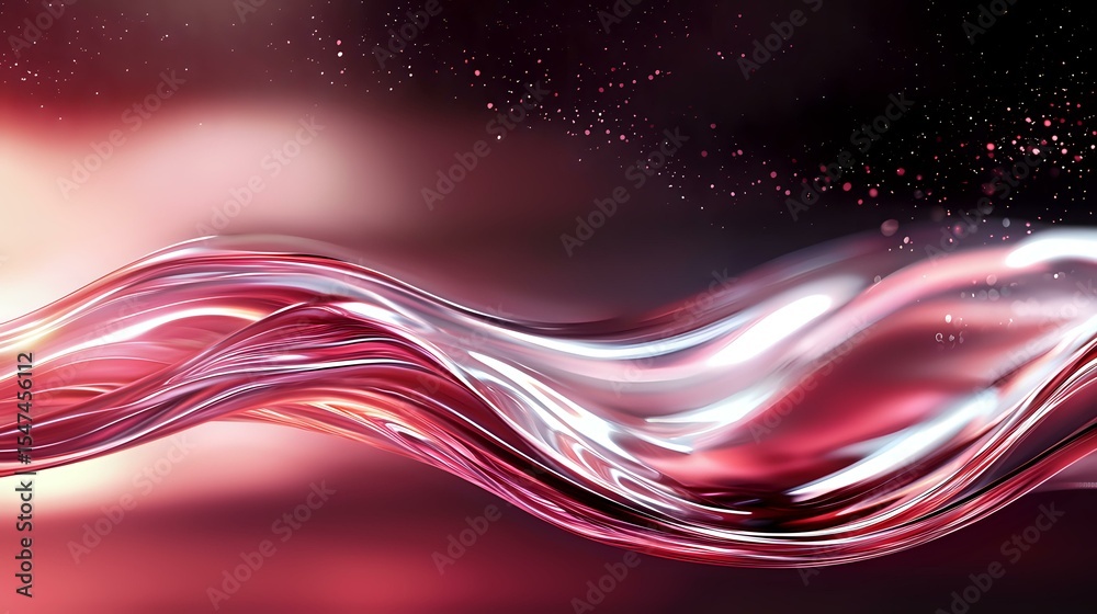 Poster abstract flowing waves in red and white colors with sparkles against dark background create dynamic 