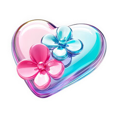 3D holographic heart in Y2K chrome style. Pastel rainbow colors, glossy liquid metal surface, dreamy freeform wings, soft reflections and metallic shine.