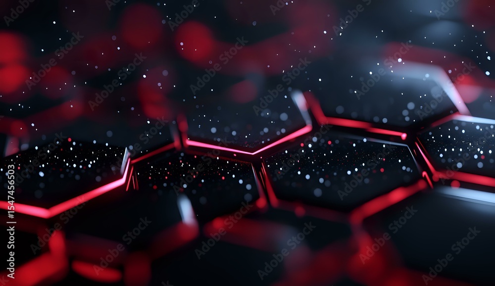 Poster glowing red hexagonal molecular structure against dark background with bokeh effect and depth of fie