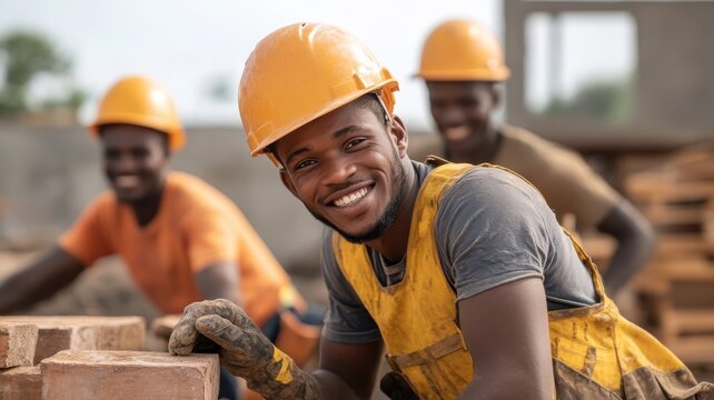 African men working together to build a playground, actively engaging in the construction with teamwork and dedication.