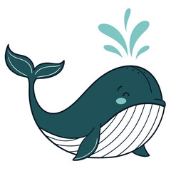 Cute Whale Cartoon Illustration with Water Spout on White Background for Kids