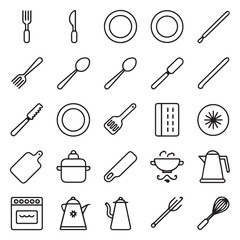 Outline drawings showing various kitchen utensils and tools
