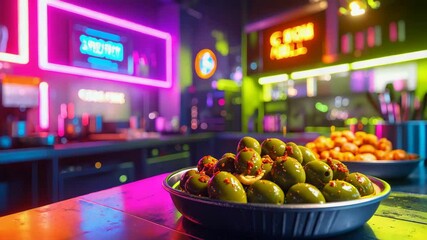 Seasoned green olives served in a metal bowl in a modern bar with neon signs.