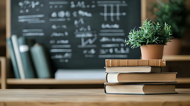 Stack of books with potted rosemary plant on wooden desk against blurred chalkboard with mathematical formulas, creating scholarly atmosphere in educational setting.