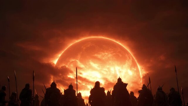 Pulling back as the sun stands still, backlighting the Israelites from the book of Joshua in the bible, evoking a sense of awe and reverence. 