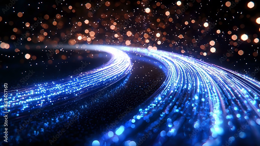 Poster glowing blue light trails curve through dark space with floating bokeh particles creating magical at